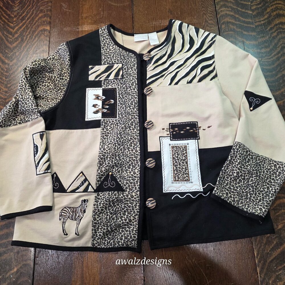 Vintage Koret K-Wear Animal Print Patchwork Cardigan Sweater Tan‎ & Black